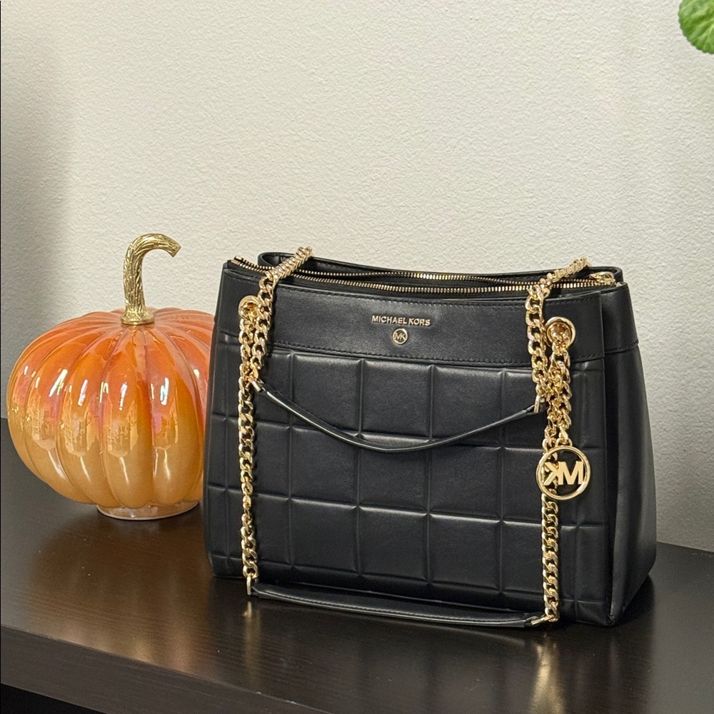 Michael Kors Black Quilted Shoulder Bag with Gold Accents